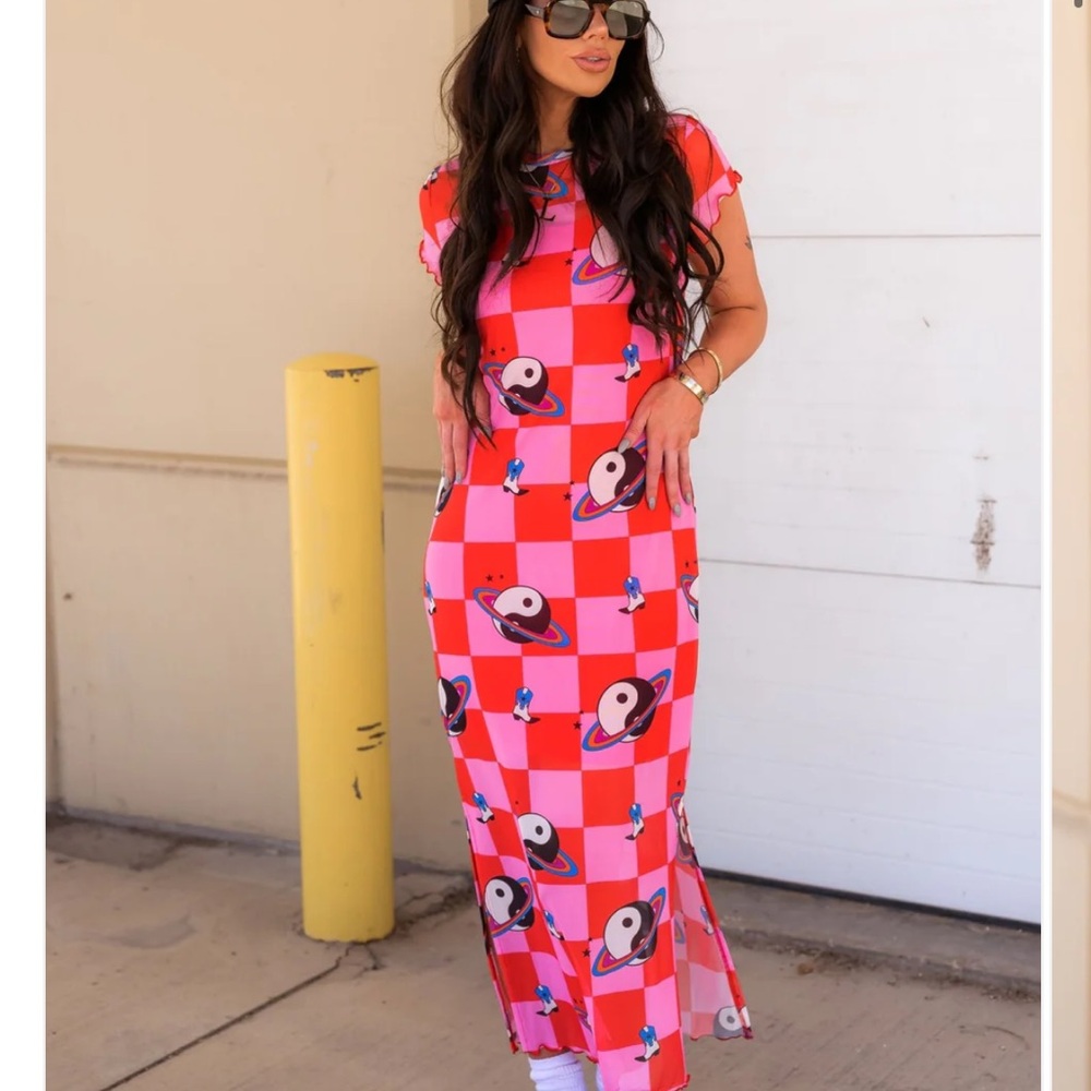 Dressed in LALA Pink and Red Checkerboard Maxi Dress with Planet Print